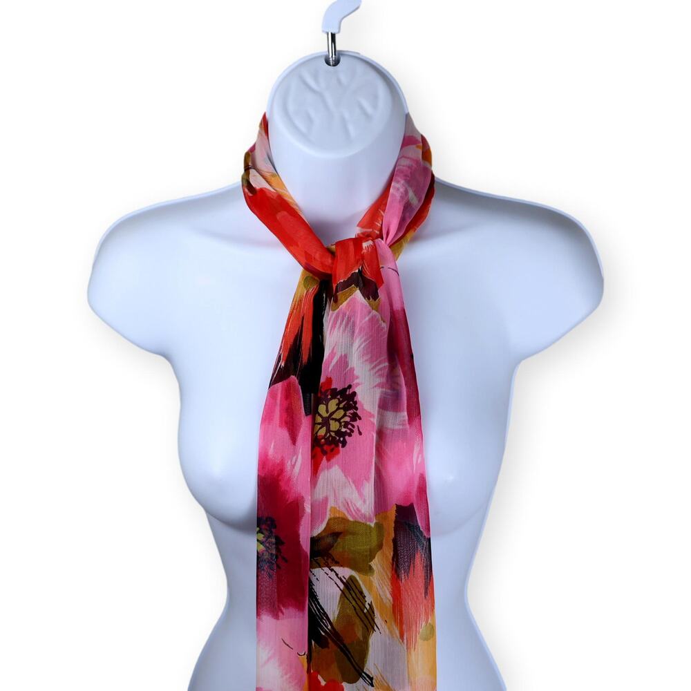 Bold Pink Red White Floral Rectangle Scarf Beaded Fringe